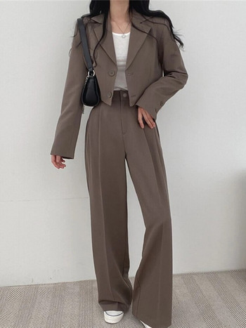 Κορεατικά OL κοντά κοστούμια σετ Γυναικεία casual Loose Crop Blazers Jackets Συνδυάζονται με νέο σύνολο παντελονιών με φαρδύ ψηλόμεσο σύνολο Offcie