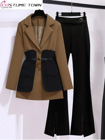 2023 centură de primăvară decorativă patchwork jachetă blazer expansiune ocazional plâns din două piese elegante pantaloni femei costum ținute birou