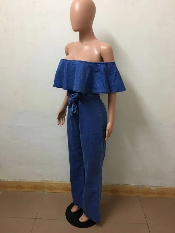 OKAYOASIS Seksi ženski kratki izrez s otvorenim ramenima, elegantni ležerni traper kombinezon širokih nogavica Jean ravni kombinezon