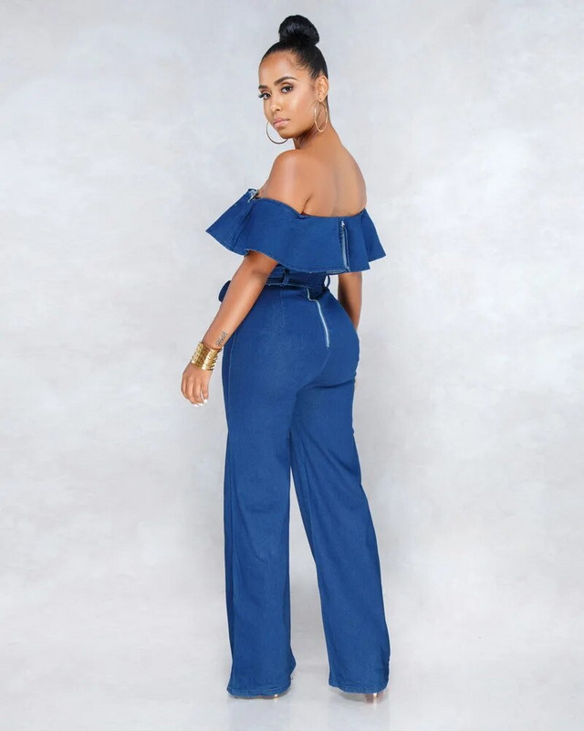 OKAYOASIS Seksi ženski kratki izrez s otvorenim ramenima, elegantni ležerni traper kombinezon širokih nogavica Jean ravni kombinezon