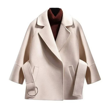 Модно ежедневно дамско късо палто Едноцветно свободно палто Дамско горнище с ревер в цвят каки 2023 Ново дамско късо вълнено палто Яке с колан