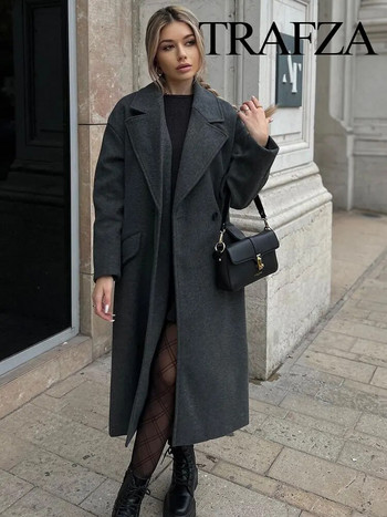 TRAFZA 2024 Дамско модно право двуредно офисно палто Едноцветно вълнено палто с джоб Елегантно дамско зимно яке