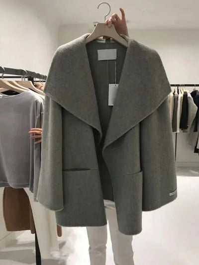 Negabaritinis 145 kg Dizaino atvartas vilnos mišinių paltas Storas prabangus be pamušalo vilnonis megztinis Moteriškos korėjietiškos mados laisvos rudens žiemos striukės