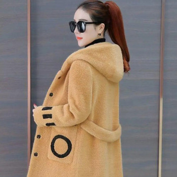 Плюшено палто с качулка, тънка пухкава жилетка Зимна дамска удебелена палта от имитация на агнешка вълна