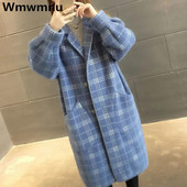Paltoane de iarnă din catifea din nurcă în carouri îngroșate, caldă, din tricot, de pluș, la modă elegantă, jachete lungi, pentru femei.