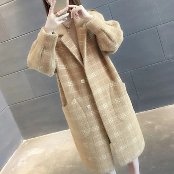 Χειμερινό καρό απομίμηση βιζόν βελούδινα παλτό Παχύ ζεστό βελούδινο πλεκτό πανωφόρι Κομψή μόδα Μεσαία μακρυά μπουφάν Γυναικεία φαρδιά ρούχα