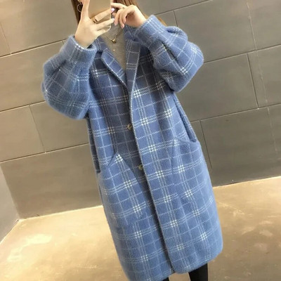 Paltoane de iarnă din catifea din nurcă în carouri îngroșate, caldă, din tricot, de pluș, la modă elegantă, jachete lungi, pentru femei.