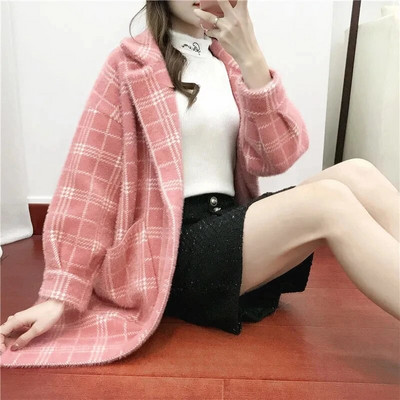 Paltoane de iarnă din catifea din nurcă în carouri îngroșate, caldă, din tricot, de pluș, la modă elegantă, jachete lungi, pentru femei.