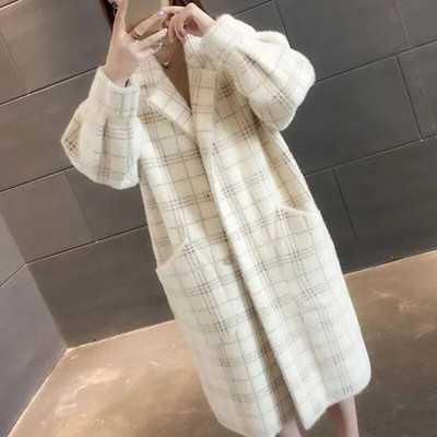 Paltoane de iarnă din catifea din nurcă în carouri îngroșate, caldă, din tricot, de pluș, la modă elegantă, jachete lungi, pentru femei.
