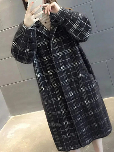 Paltoane de iarnă din catifea din nurcă în carouri îngroșate, caldă, din tricot, de pluș, la modă elegantă, jachete lungi, pentru femei.