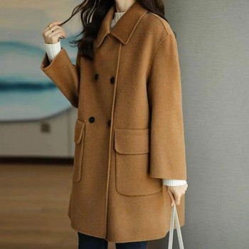 Дамско палто с яка с ревер Вълнено палто със средна дължина Свободно топли зимни топли дамски връхни дрехи