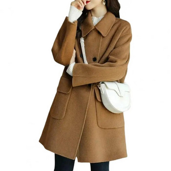 Дамско палто с яка с ревер Вълнено палто със средна дължина Свободно топли зимни топли дамски връхни дрехи