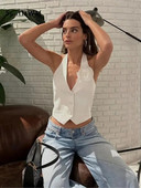 Vestă albă cu gât în V pentru femei, flori de modă, 2023, sexy, fără spate, fără mâneci, decupate, de vară, elegantă, ocazională, jachetă cu un singur piept