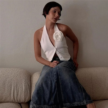 Дамска модна бяла жилетка с V-образно деколте 2023 г. Секси изрязани блузи без гръб, лятно елегантно, ежедневно едноредно яке