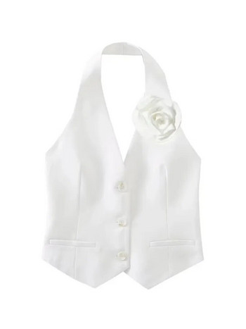 Дамска модна бяла жилетка с V-образно деколте 2023 г. Секси изрязани блузи без гръб, лятно елегантно, ежедневно едноредно яке