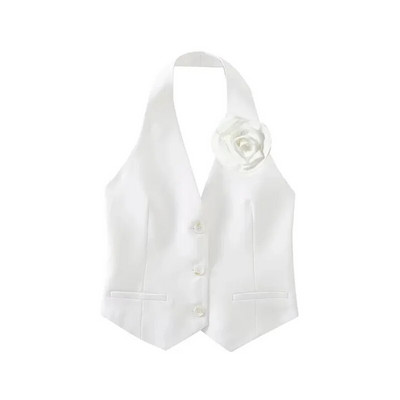 Vestă albă cu gât în V pentru femei, flori de modă, 2023, sexy, fără spate, fără mâneci, decupate, de vară, elegantă, ocazională, jachetă cu un singur piept