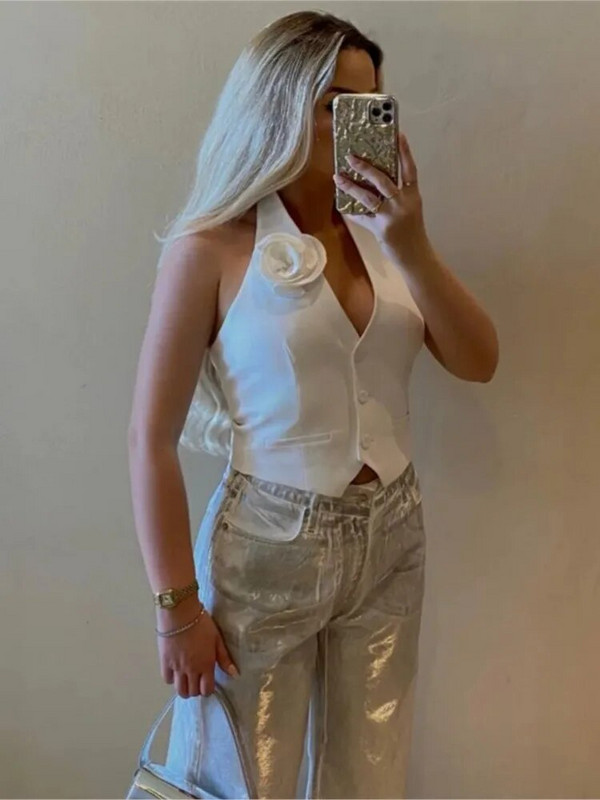 Moteriškos mados gėlės balta liemenė su V kaklu, 2023 m. Seksualūs be rankovių apkarpyti viršutiniai vasariniai elegantiški laisvalaikio striukė su viena krūtine