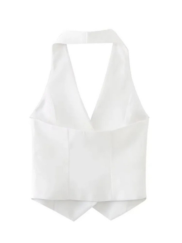 Moteriškos mados gėlės balta liemenė su V kaklu, 2023 m. Seksualūs be rankovių apkarpyti viršutiniai vasariniai elegantiški laisvalaikio striukė su viena krūtine