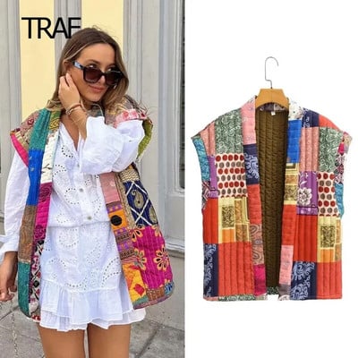 TRAF Vestă demi-sezon pentru femei Moda 2023 Cardigan cu imprimeu Top cu mânecă lungă Nou în îmbrăcăminte exterioară Vestă izolată cu mozaic pentru femei