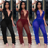BKLD Salopetă din plasă transparentă, cu mărgele perle, pentru femei, sexy, fără spate, cu volane, pantaloni lungi, salopete pentru femei, îmbrăcăminte de club de noapte