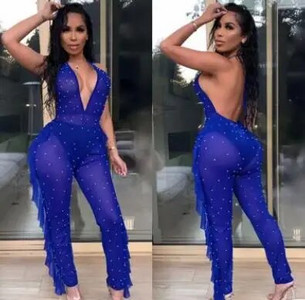 BKLD Salopetă din plasă transparentă, cu mărgele perle, pentru femei, sexy, fără spate, cu volane, pantaloni lungi, salopete pentru femei, îmbrăcăminte de club de noapte
