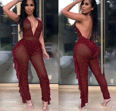 BKLD Salopetă din plasă transparentă, cu mărgele perle, pentru femei, sexy, fără spate, cu volane, pantaloni lungi, salopete pentru femei, îmbrăcăminte de club de noapte