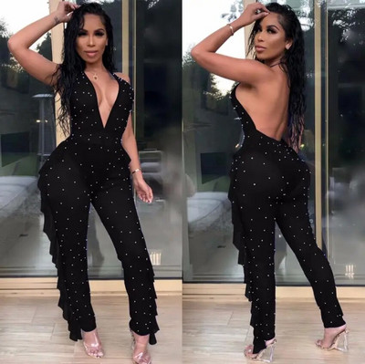 BKLD Salopetă din plasă transparentă, cu mărgele perle, pentru femei, sexy, fără spate, cu volane, pantaloni lungi, salopete pentru femei, îmbrăcăminte de club de noapte