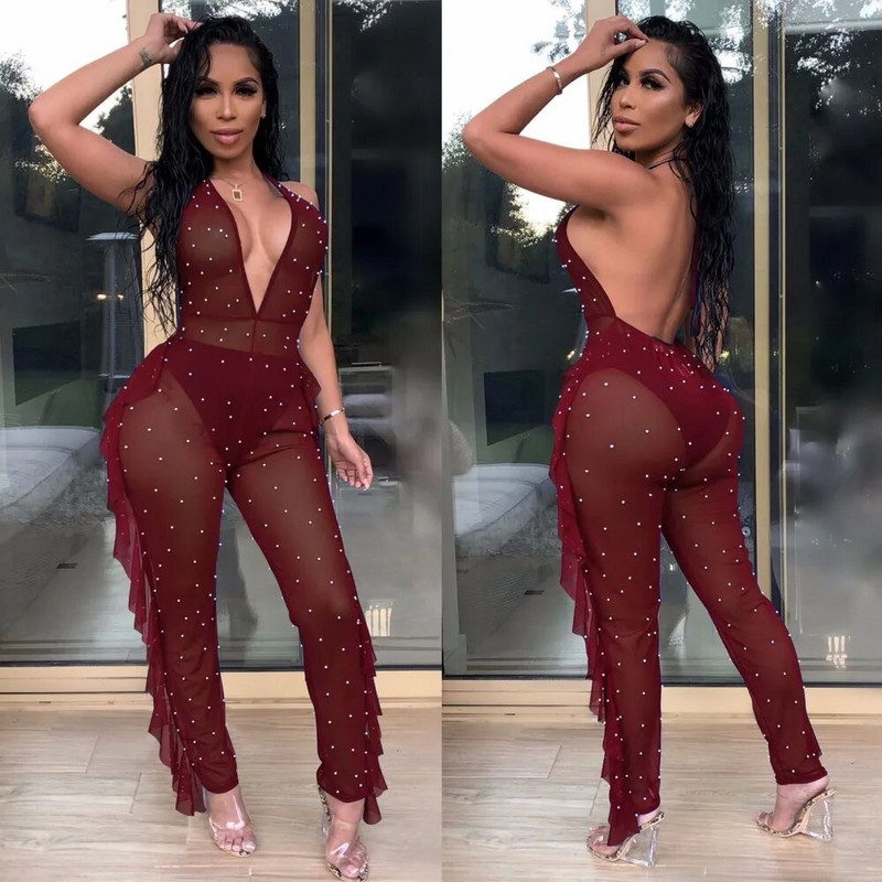 BKLD Pearl Beading áttetsző hálós kombiné női szexi kötőfék, hát nélküli fodros hosszú nadrág nadrág Női jumpsuit éjszakai klubruházat