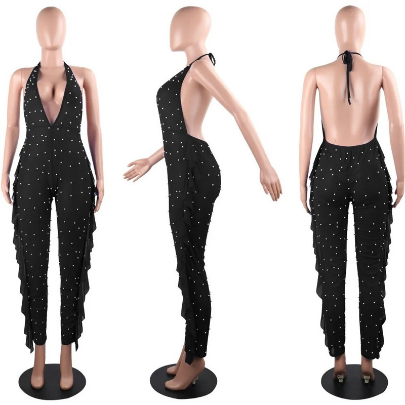 BKLD Pearl Beading áttetsző hálós kombiné női szexi kötőfék, hát nélküli fodros hosszú nadrág nadrág Női jumpsuit éjszakai klubruházat