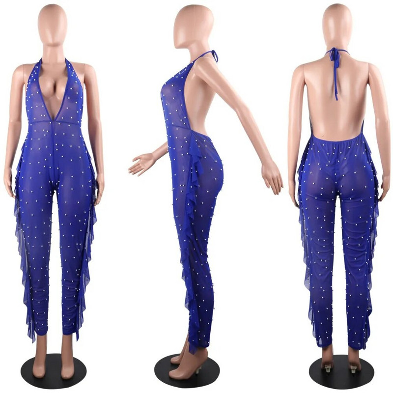BKLD Pearl Beading áttetsző hálós kombiné női szexi kötőfék, hát nélküli fodros hosszú nadrág nadrág Női jumpsuit éjszakai klubruházat