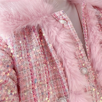 Зима 2024 Нова мода Малък ароматен вятър Дамско топло палто от туид Изкуствена лисича кожа с дълъг ръкав Удебелено женско кожено палто