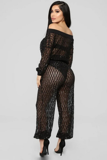 OKAYOASIS Безплатна доставка Lady Slash Neck Sleeve 2 Pieces Casual Outfit Sets Секси дамски елегантен парти анцуг с пайети