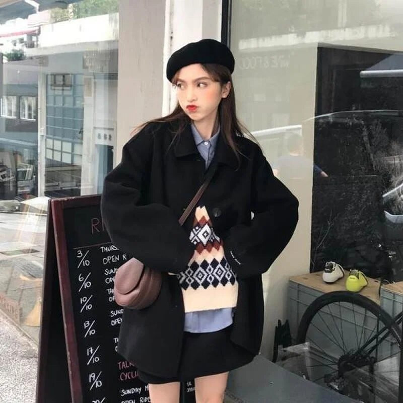 Vilnos mišiniai Paltai Moteriški laisvi žieminiai studentai Tvirti, paprasti, tinkantys šilti, minkšti laisvalaikio madingi prašmatnūs rudens drabužiai