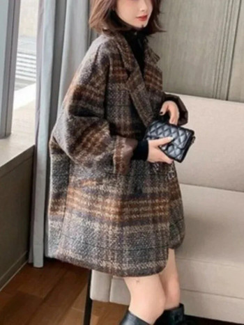 Дамско яке Вълнено яке Зимно корейско ретро решетъчно свободно яке от туид Двуредно яке с обърната яка Дамско палто