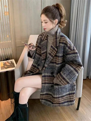 Γυναικείο μπουφάν μάλλινο μπουφάν Winter Korean Vintage Lattice Loose Top Tweed Jacket Double Breasted Turn Down Collar Γυναικείο παλτό