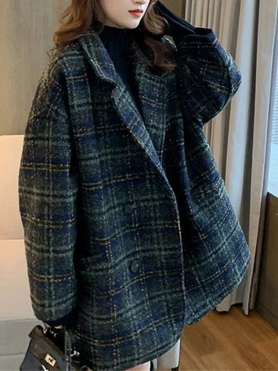 Дамско яке Вълнено яке Зимно корейско ретро решетъчно свободно яке от туид Двуредно яке с обърната яка Дамско палто