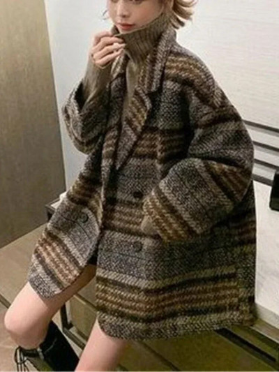 Női kabát gyapjú kabát Téli koreai vintage rácsos laza felső Tweed kabát, duplasoros, lehajtható galléros női kabát