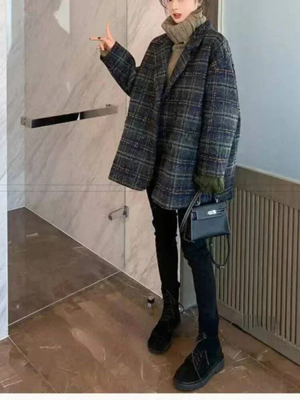 Női kabát gyapjú kabát Téli koreai vintage rácsos laza felső Tweed kabát, duplasoros, lehajtható galléros női kabát