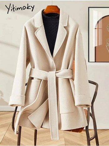 Yitimoky Елегантно плътно вълнено яке за жени Есен Зима 2023 Нова корейска мода Извънгабаритни Ежедневни Y2k палта с дълги ръкави и връзки