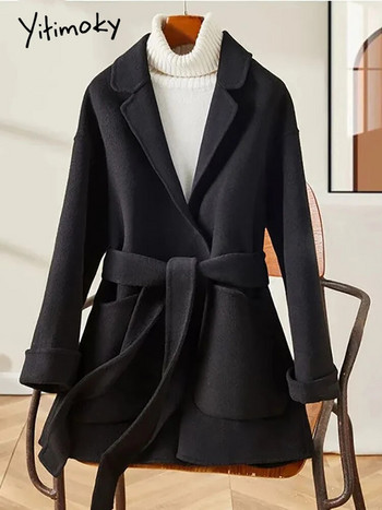 Yitimoky Елегантно плътно вълнено яке за жени Есен Зима 2023 Нова корейска мода Извънгабаритни Ежедневни Y2k палта с дълги ръкави и връзки