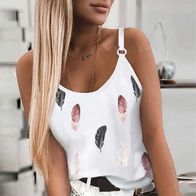 Casual Feather print αμάνικα μπλουζάκια με γυναικεία μοτίβα, καλοκαιρινό T-shirt S-5XL γιλέκο