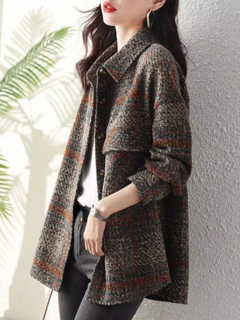 Корейски есенни дрехи 2023 г. Ново дамско палто с отложна яка Улична мода Карирана вълна и смесени палта Модно универсално яке