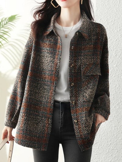 Корейски есенни дрехи 2023 г. Ново дамско палто с отложна яка Улична мода Карирана вълна и смесени палта Модно универсално яке
