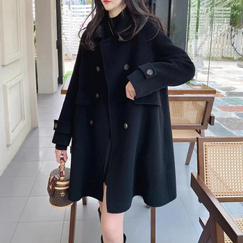 Διπλό στήθος Γυναικείο μωβ ιδιοσυγκρασία μάλλινο παλτό 2023 Γυναικείο μεσαίο μάλλινο κορεάτικο γιακά πανωφόρι για κούκλα