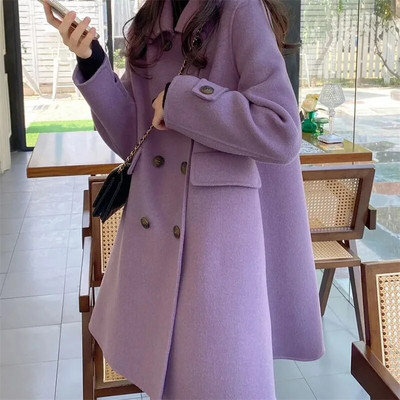 Διπλό στήθος Γυναικείο μωβ ιδιοσυγκρασία μάλλινο παλτό 2023 Γυναικείο μεσαίο μάλλινο κορεάτικο γιακά πανωφόρι για κούκλα