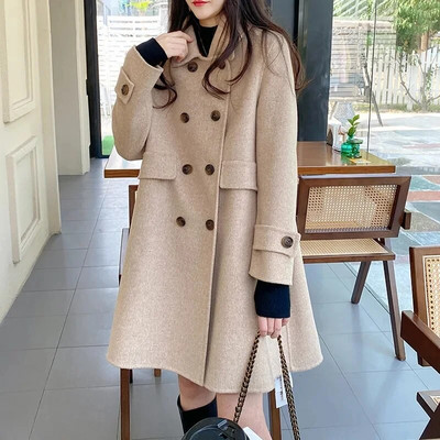 Kahe rinnaga naiste lilla temperamendiga villane mantel 2023, naiste keskmine pikkus Korea villane moodne nukukrae Ülerõivad