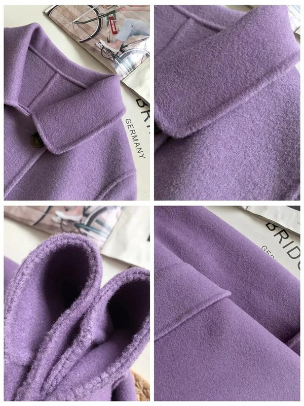 Kahe rinnaga naiste lilla temperamendiga villane mantel 2023, naiste keskmine pikkus Korea villane moodne nukukrae Ülerõivad