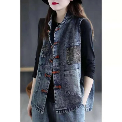 Vestă de blugi 5XL, jachetă fără mâneci pentru femei, primăvară, vară 2023, vestă coreeană de denim cu imprimeu vintage, mozaic