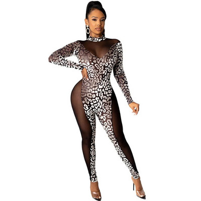 Salopete sexy cu imprimeu leopard din plasă transparentă pentru femei, îmbrăcăminte de festival, salopete de petrecere în club de noapte, salopete pentru femei.
