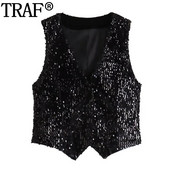 TRAF 2024 vestă neagră cu paiete pentru femei, decupate, fără mâneci, pentru femei, pentru petrecere, vestă cu sclipici, cu buton de modă, toamnă, paltoane scurte